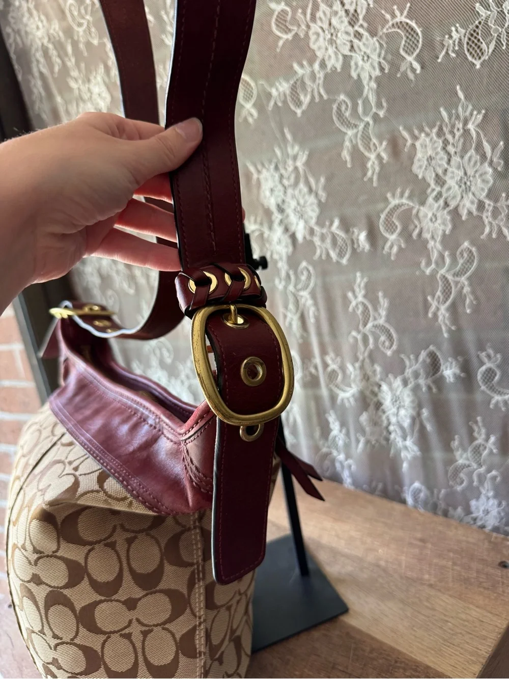 Coach Signature Canvas Bucket Bag with Burgundy Leather Trim
